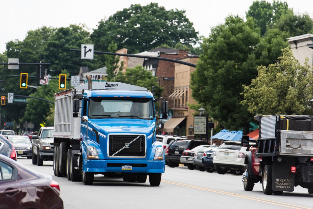Trucks from the shale gas industry clog the streets of quant Beaver, Pennsylvania.